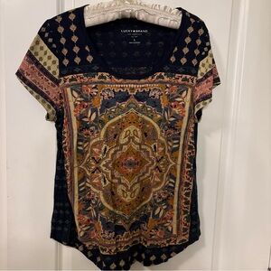Lucky Brand Blue Handkerchief Print Top-Large- Boho-Cap Sleeve- EUC